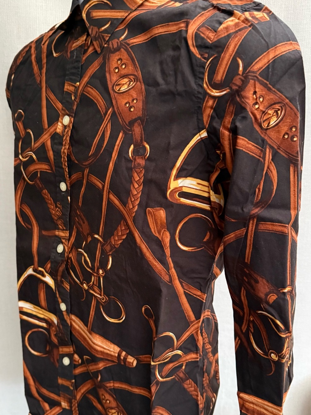Women's Black Button-Down Shirt with Brown Bridle Print - Picture 3 of 6